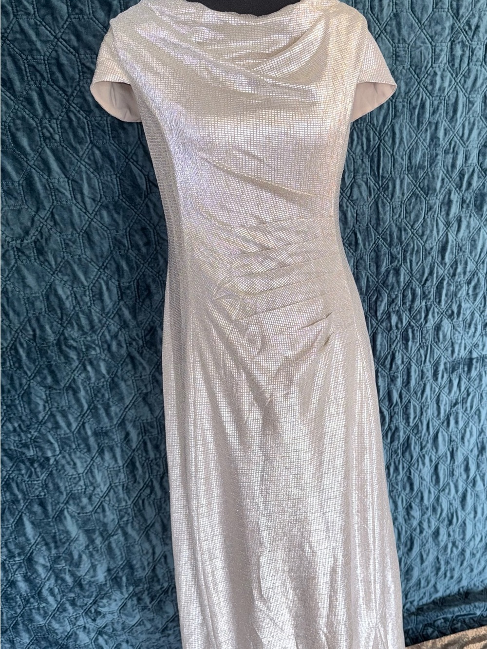 Adrianna Papell Iridescent Silver-White Cowl Neck Maxi Dress